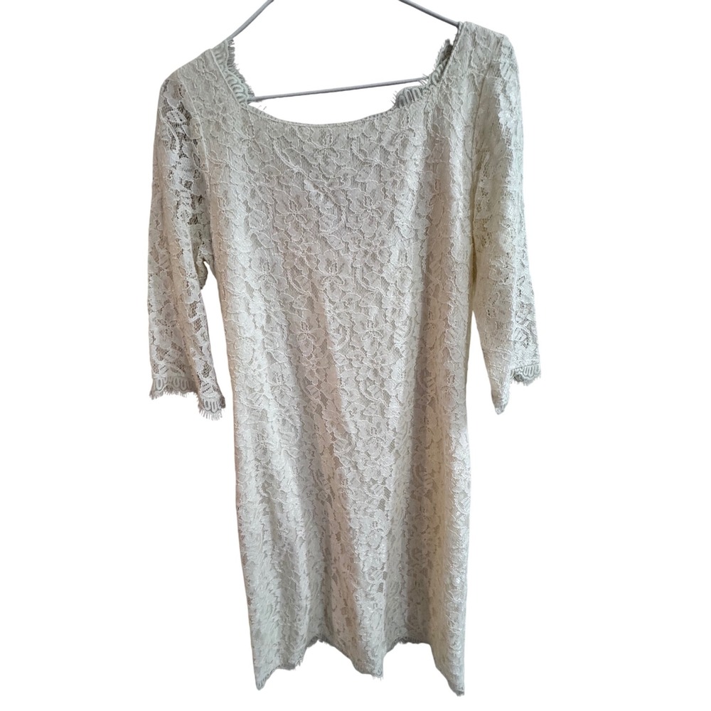 DIANE VON FURSTENBERG Ivory‎ Lace Sheath Dress 3/4 Sleeve Zipper Back Size 10